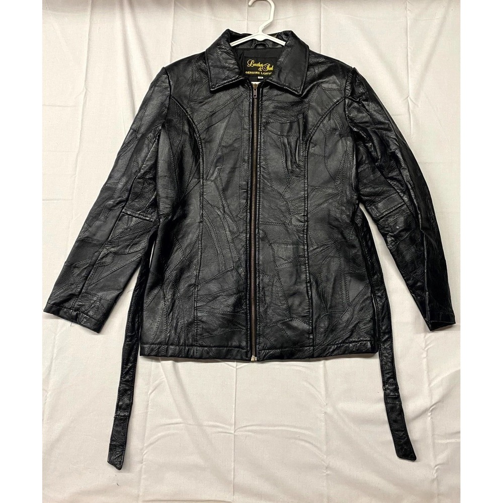Vintage Leather & Soul Biker Jacket Womens Medium Black Leather Belted Patchwork